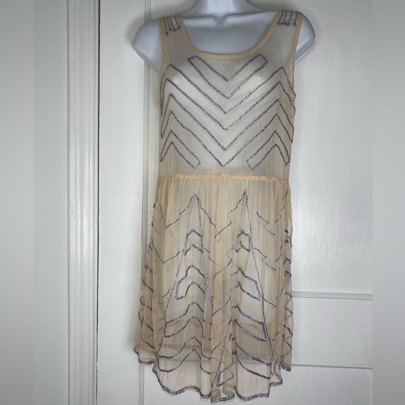Free People Embellished Sheer Moon Eyes Cream Chevron Beaded Dress - Picture 5 of 11